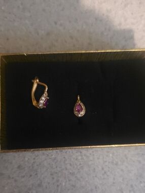 Gold 14k  Teardrop Ruby & Crystal Earring Set